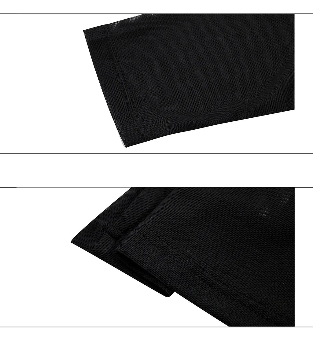 Men's black mesh long-sleeve shirt with a slim, close-fitting bottoming cut on a model.
