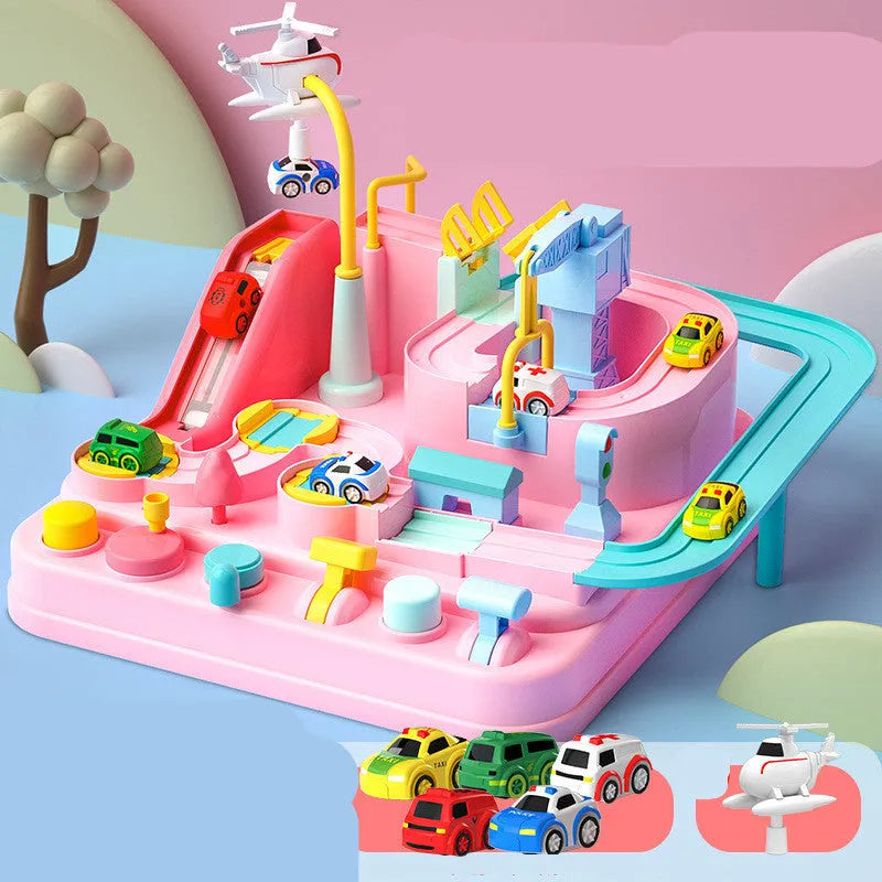 Big Adventure Parking Lot Rail Car Toy Track Set with plastic tracks, cars, and handle remote control.