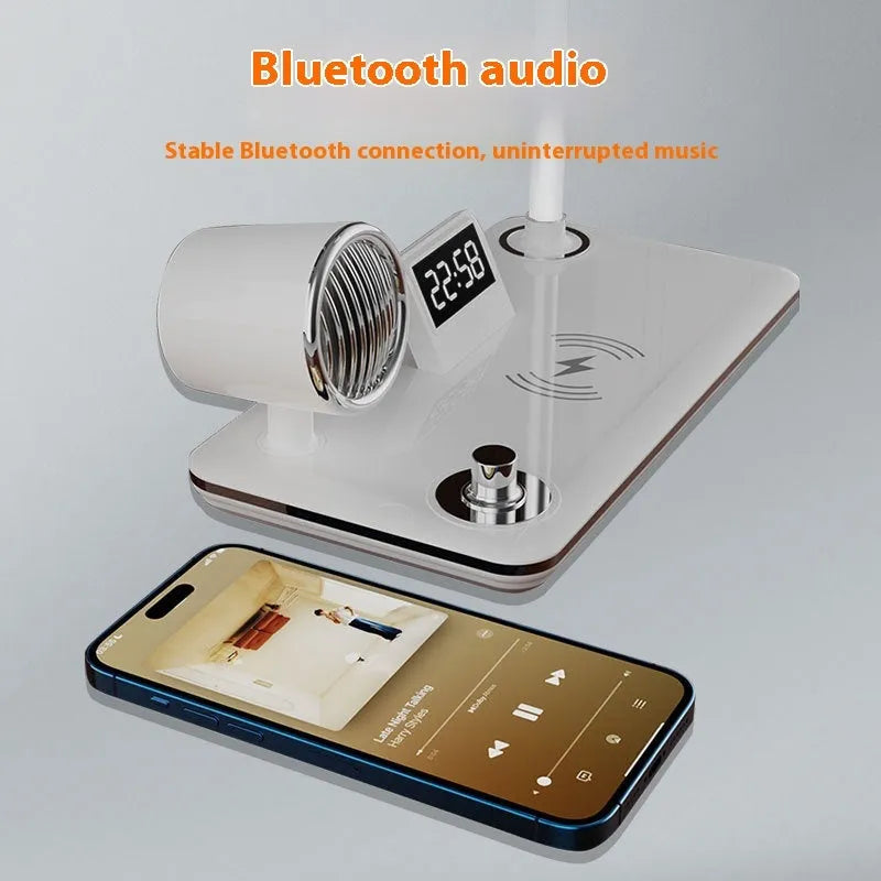 White intelligent wireless charging lamp with digital clock display on a wooden table.