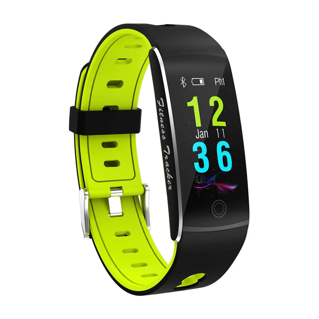 F10T smart bracelet for body temperature monitoring on a wrist, showing its 0.96-inch screen and silicone strap.