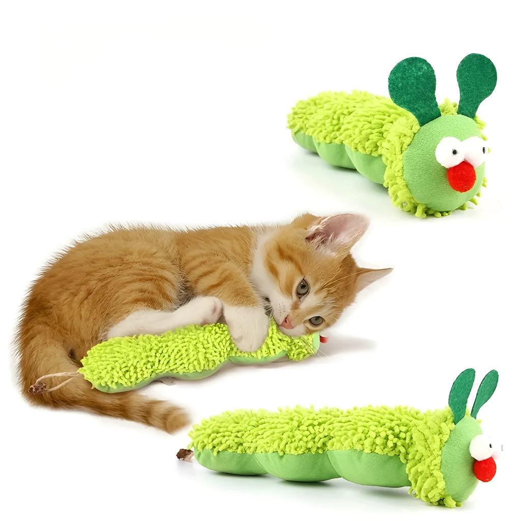 Green interactive plush cat toy pillow measuring 24cm long with electronic rechargeable mechanism