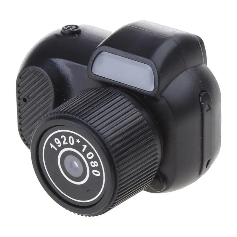 Black retro mini camera with screen displaying 1080p HD video recording capability