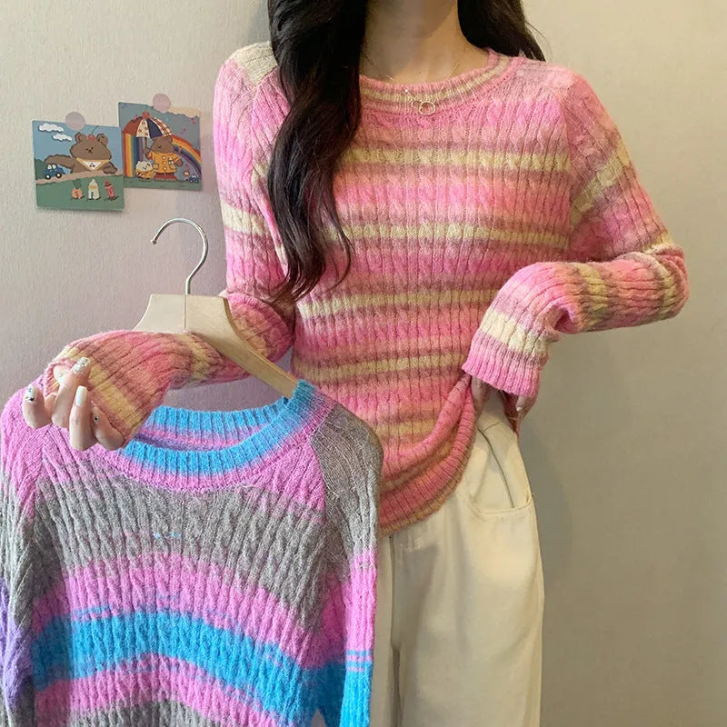 Women's striped round neck pullover sweater in pink or purple, slim fit long sleeve 50cm top