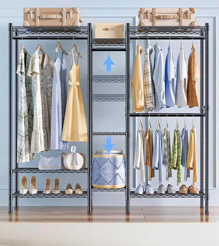 Black freestanding metal clothes storage rack with long hanging rail.