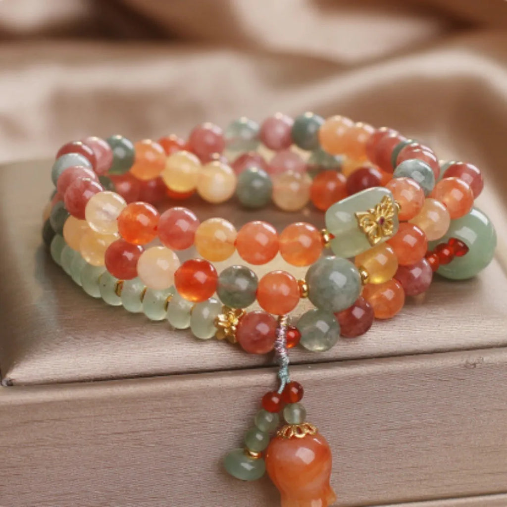 Natural Xinjiang Jinsi Jade multi-circle bracelet with round beads and flower-shaped lily pendant for women