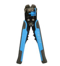 Yellow automatic wire stripper crimping plier multitool with adjustment screw on a workbench.