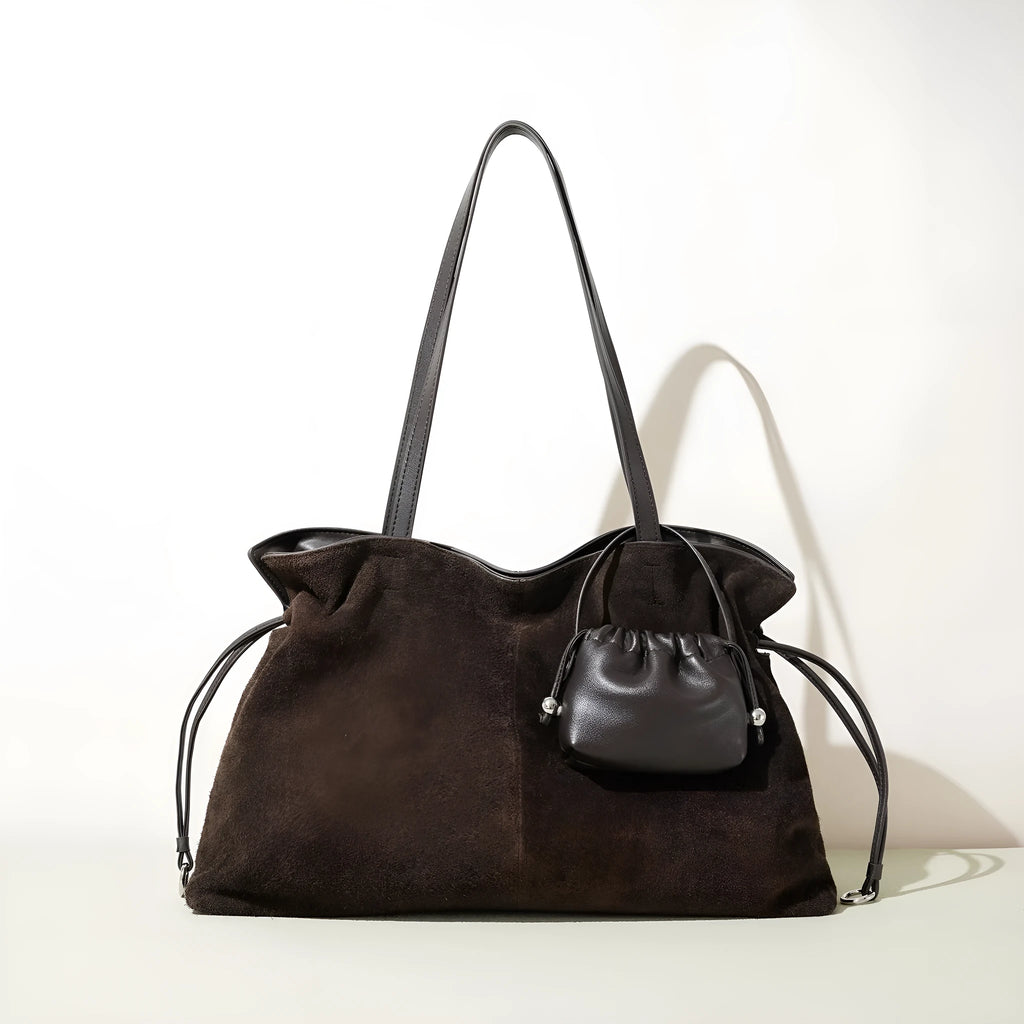 Cortical women's spliced casual crossbody bag in brown genuine suede leather with patchwork detail and crossbody strap