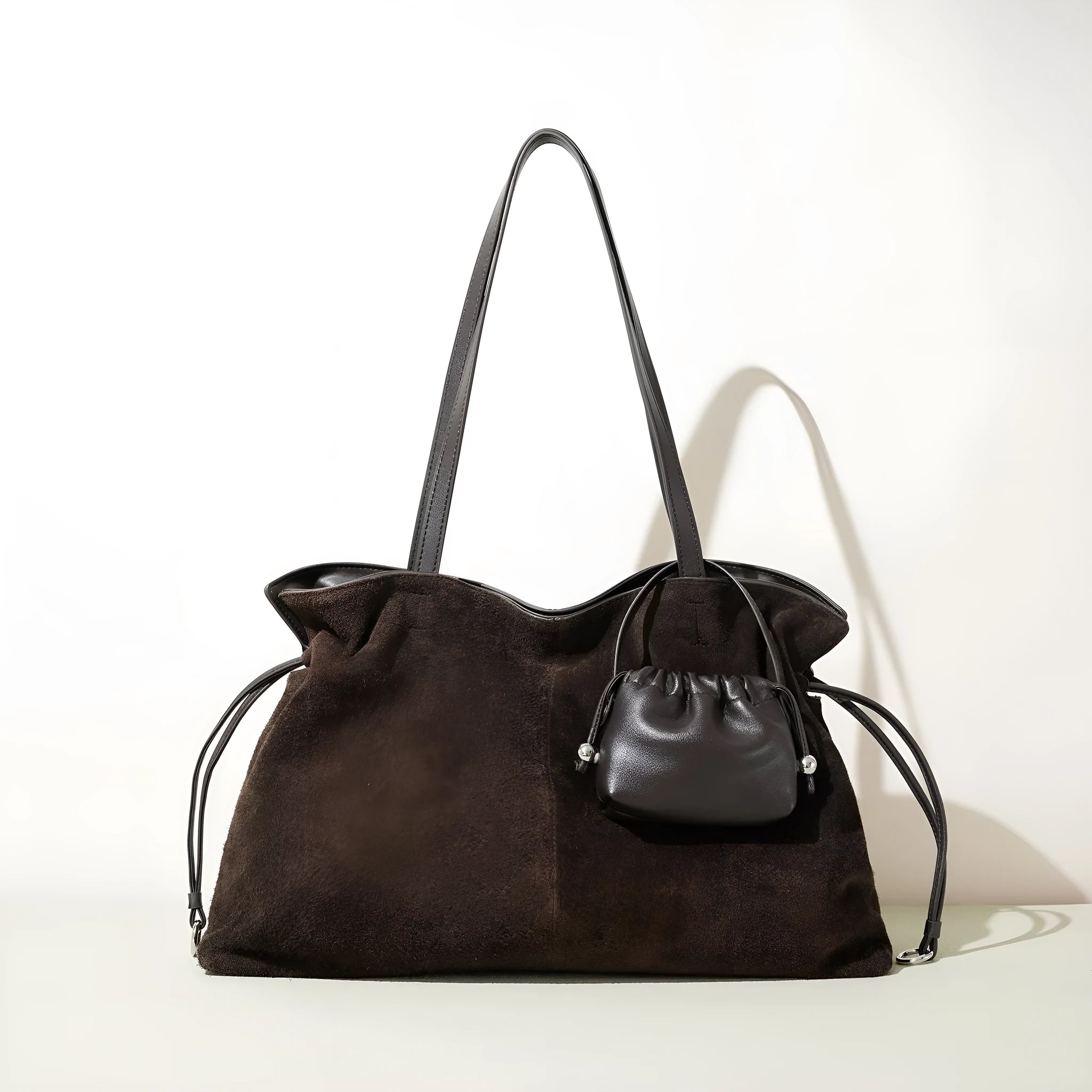 Cortical women's spliced casual crossbody bag in brown genuine suede leather with patchwork detail and crossbody strap