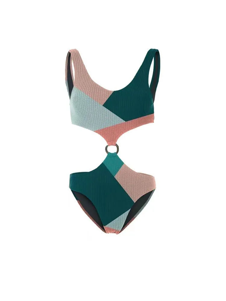 Colour-contrast bikini two-piece set with mesh gauze skirt swimwear