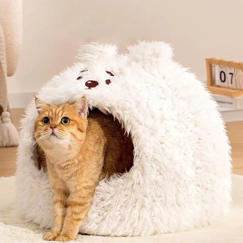 Semi-enclosed cat litter kennel tent with flannel lining and removable lid in an animal print.