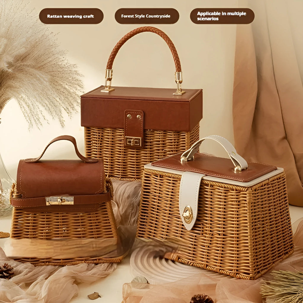 Hand-woven rattan gift box in square or trapezoid shape, small or large, for wedding favours.