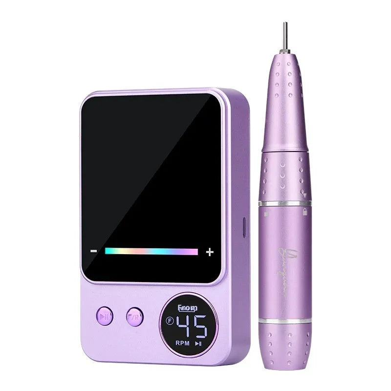 Rechargeable electric nail polishing machine in purple or dark grey with USB charging, one nail buffing machine set