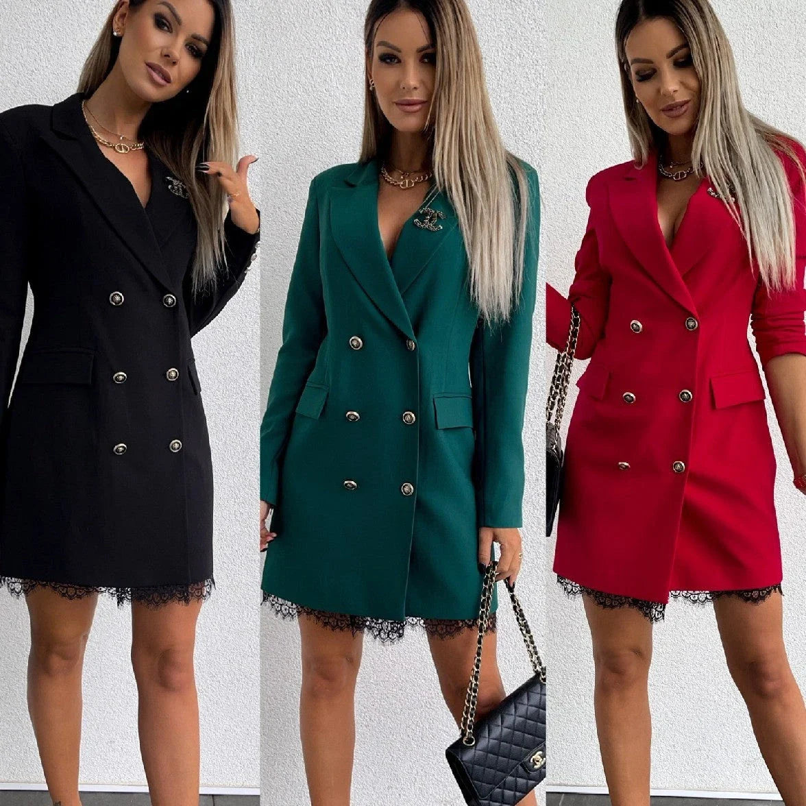 Premium lace-accented suit dress in red, black, and green colors with a double-breasted silhouette and mid-length A-line skirt design.