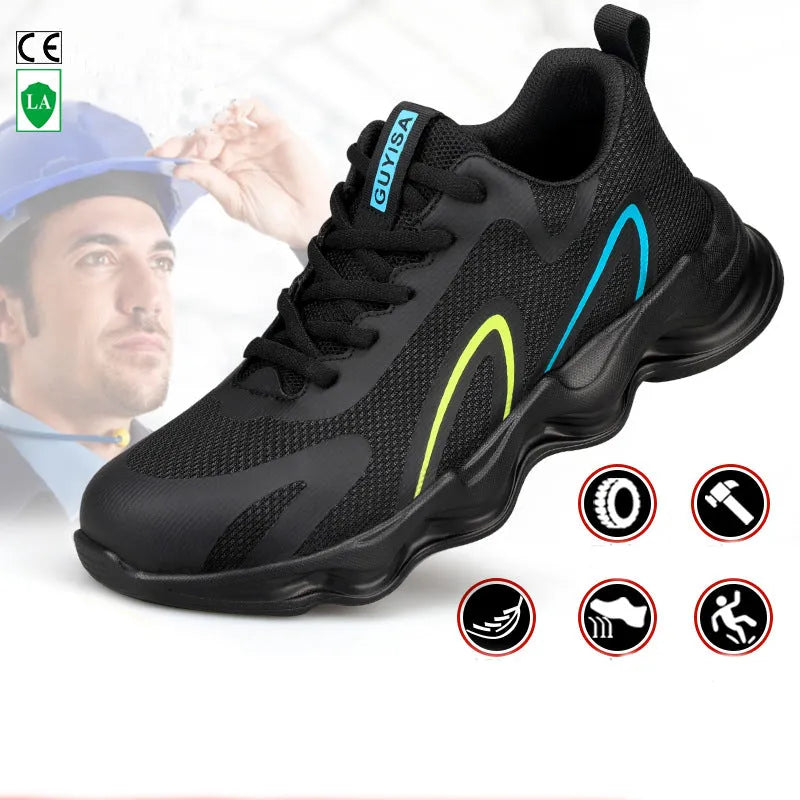 Steel toe work safety shoes for men, black blue trim, fly weaving upper, Kevlar midsole, PU nonslip sole, low top, sizes 39-44.