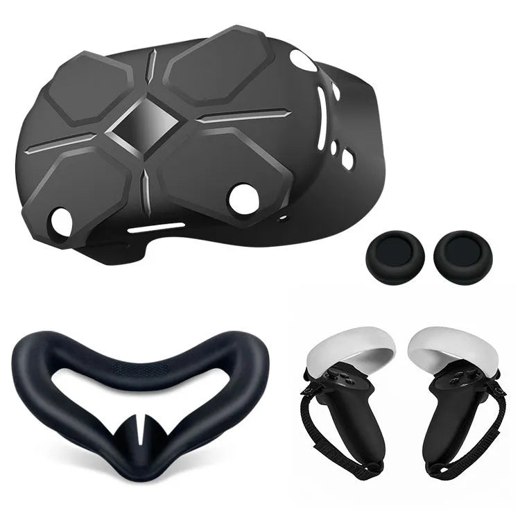 Black silicone glasses host accessory set with protective cover, eye mask, handles, and button caps for VR equipment