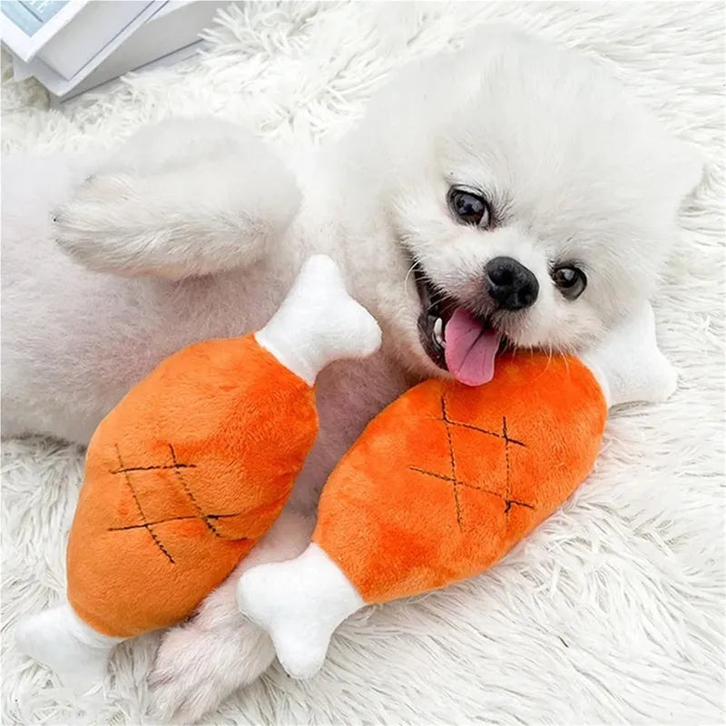 Plush chicken leg dog chew toy with soft fabric, PP cotton filling and built-in squeak sac for small dogs