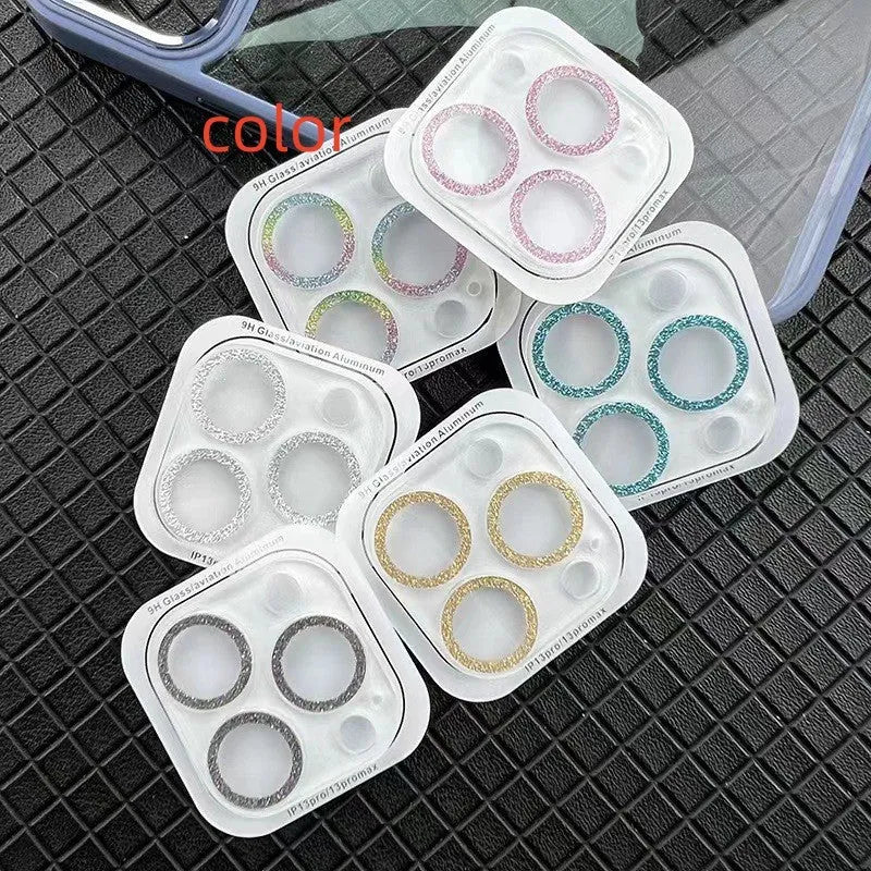 Rhinestone camera lens protector in glitter black for Apple iPhone, tempered glass, HD, dustproof and drop-proof