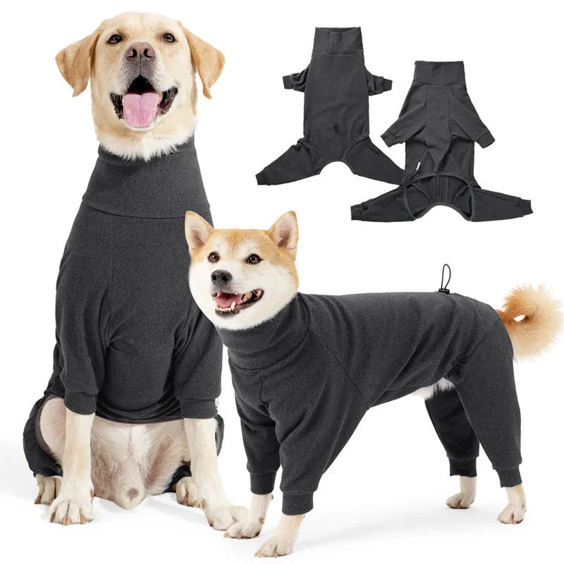 Dark gray four-legged dog coat with high collar made of polar fleece fabric on a dog