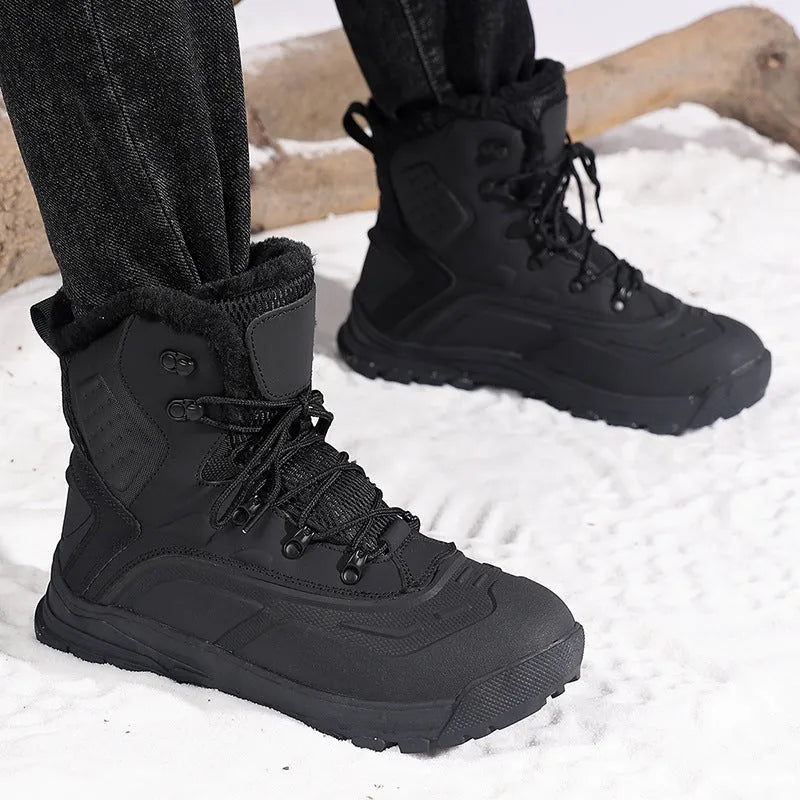 Men's black high-top lace-up winter boots with fleece lining, shown on a size label scale from 39 to 48.