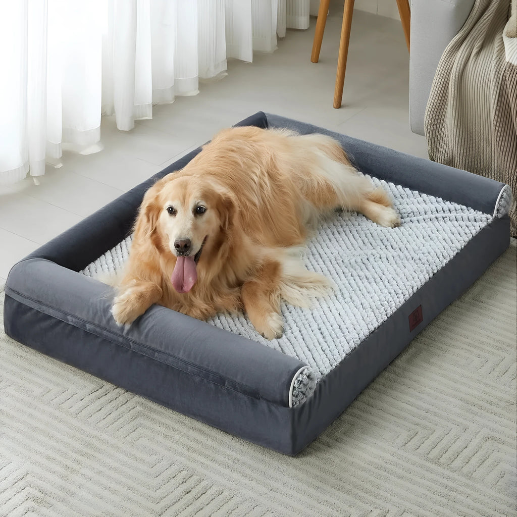 Rectangular cloth dog sleeping mat in gray colour on a floor, with soft padding for indoor use