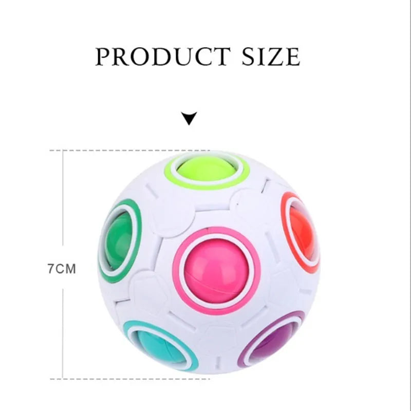 Rainbow coloured ball puzzle with multiple holes showing balls inside plastic sphere