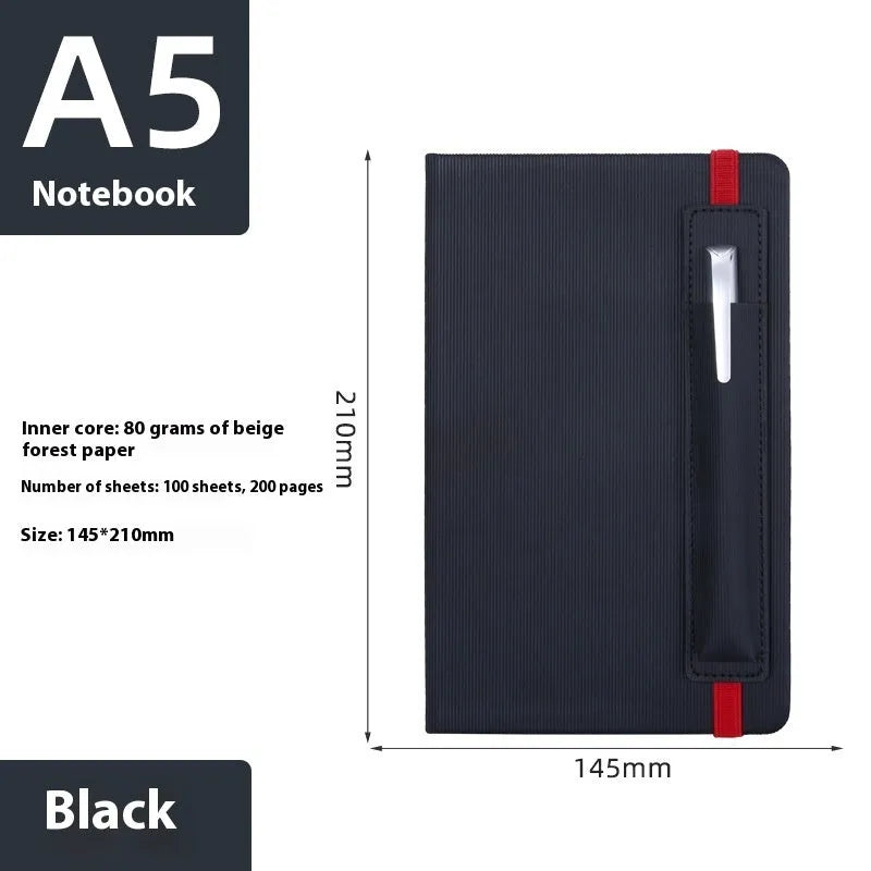 A5 faux leather notebook in blue with strap and pen insert, 200 pages, lying flat