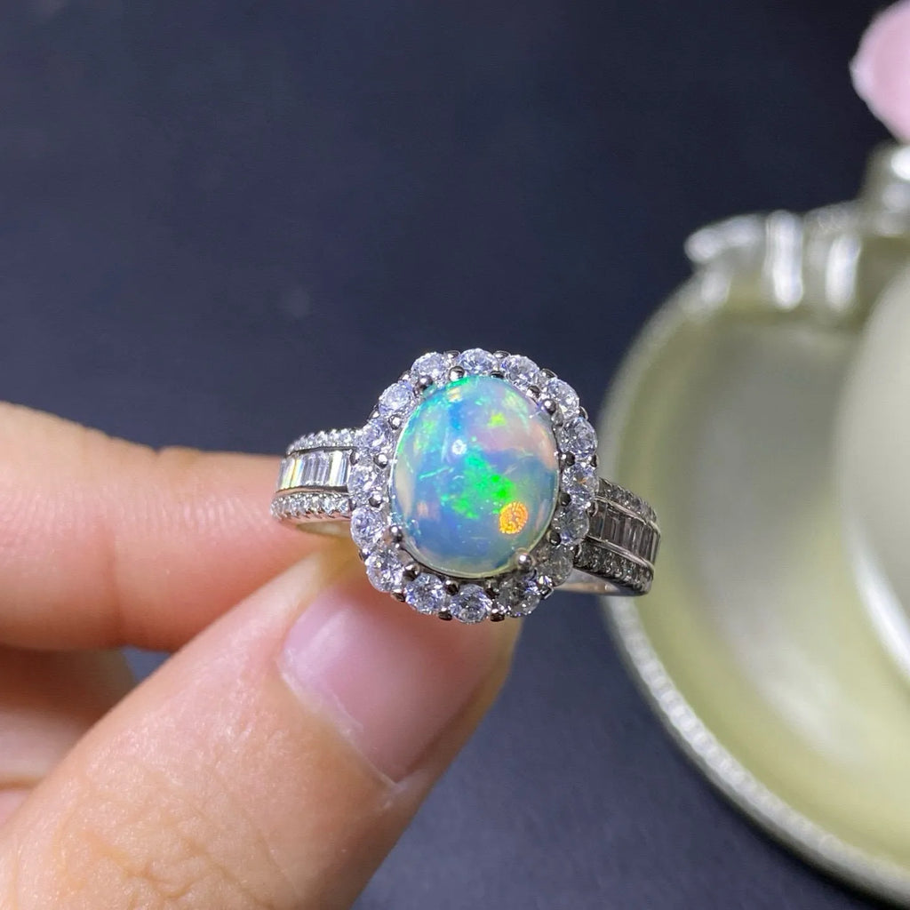 Handmade adjustable sterling silver ring with natural Ethiopian opal stone in gold plating options