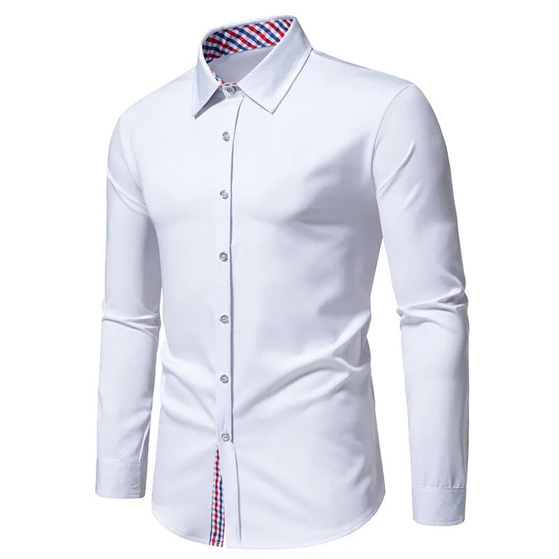 Men's loose fit plaid stitching casual long-sleeved shirt in chemical fibre blend fabric