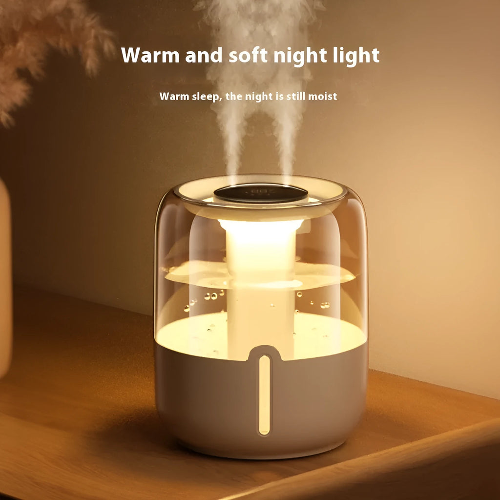 Beige round USB humidifier with dual spray nozzles, digital display, and night light on a table