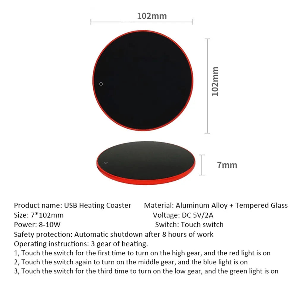 Black USB heating coaster with touch control for warming cups, showing three coloured indicator lights