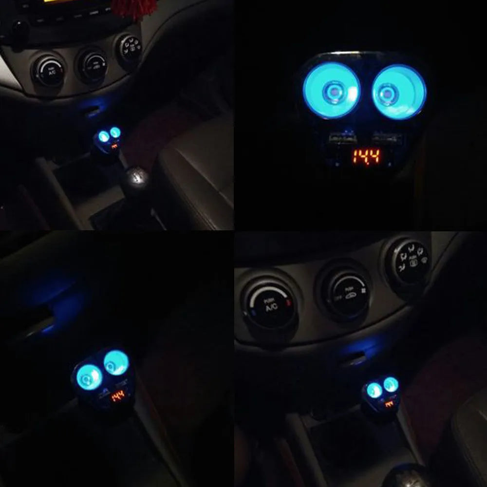 Accnic T2 white dual USB car charger with voltage display plugged into a vehicle socket
