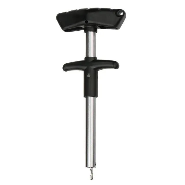 Portable T-shaped fishing hook extractor in black with anodized aluminium handle and stainless steel hook