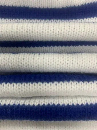 Sapphire blue striped acrylic pullover sweater with round neck and long sleeves