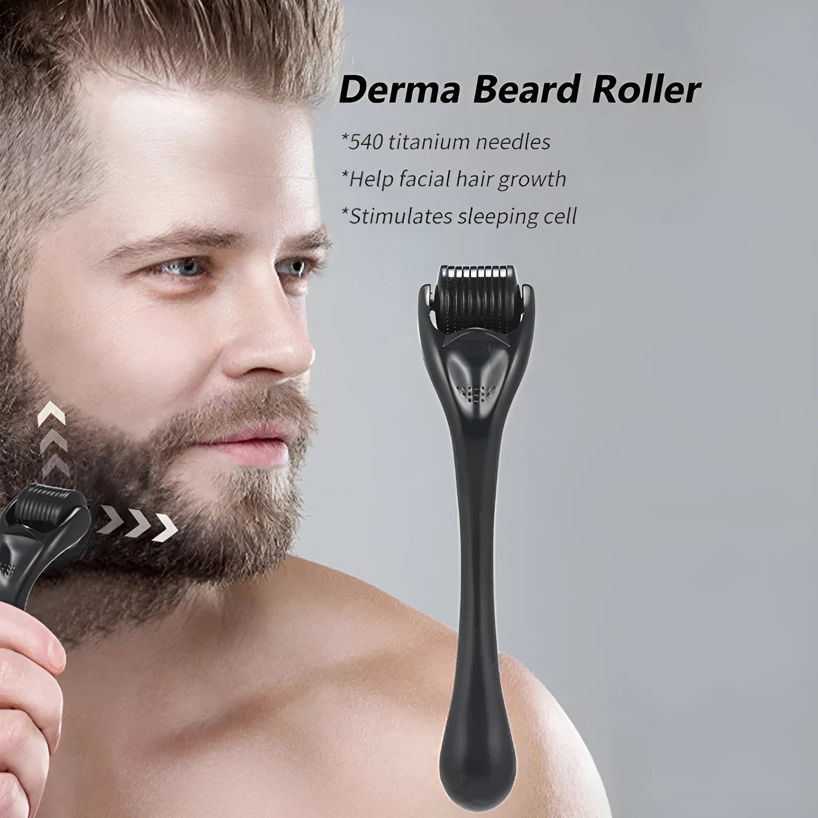 Derma roller with titanium microneedles and black handle, showing adjustable needle sizes from 0.2mm to 1.0mm