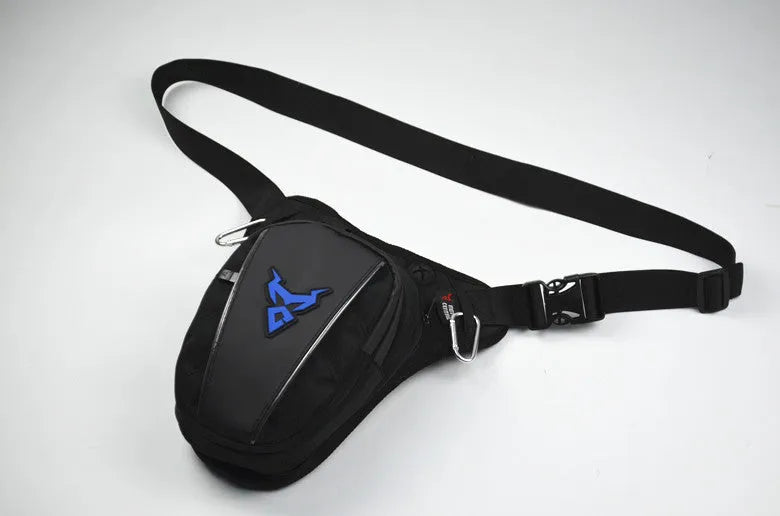 Motorcycle rider's leg bag in 1200D Oxford cloth shown in blue, with crossbody strap.