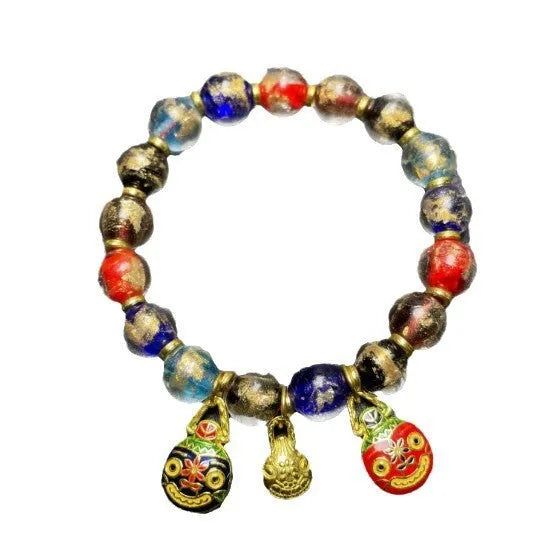 Geometric glass bracelet with auspicious patterns in red, purple, blue, green, black or colourful options
