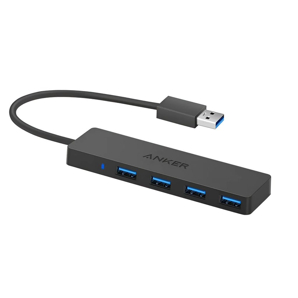 Black Anker USB 3.0 4-port hub with 200mm cable for laptop and desktop computers