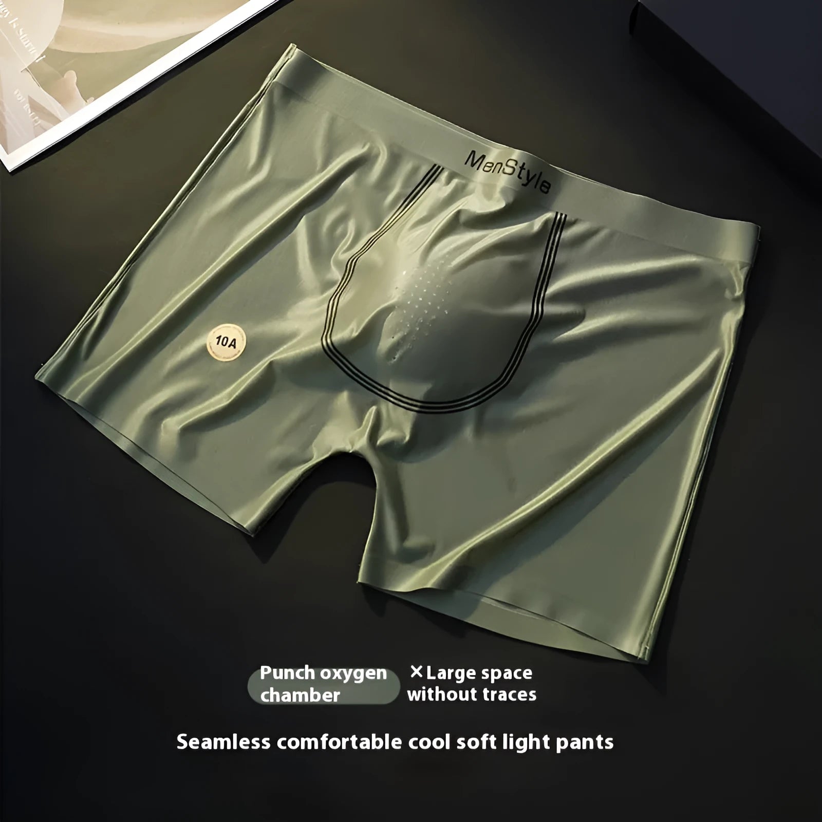 Men's seamless satin ice silk boxer shorts in dark grey, showing mid-waist and single-layer construction.