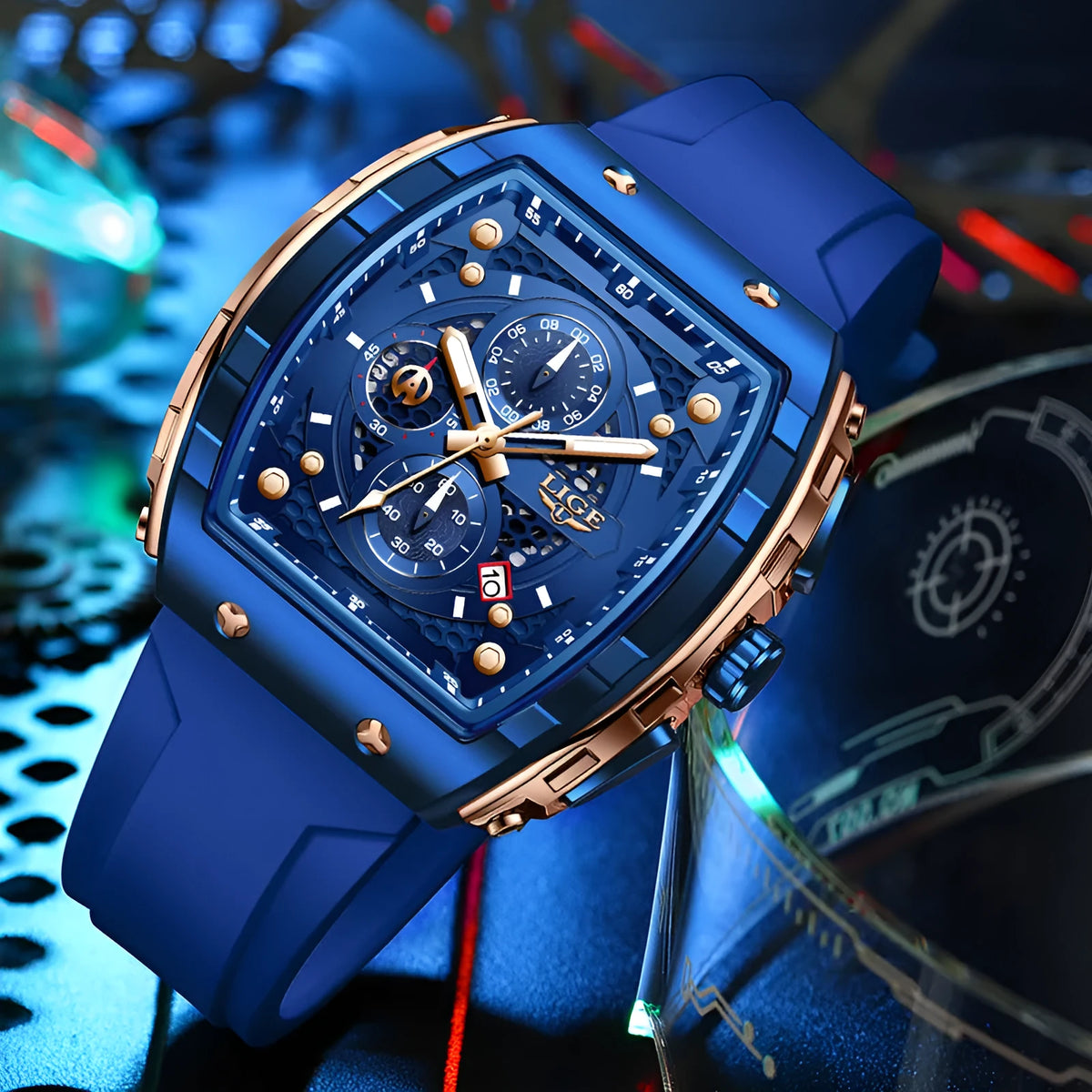 Men's sports quartz watch with large 50mm dial, luminous display, and waterproof build in all black colour