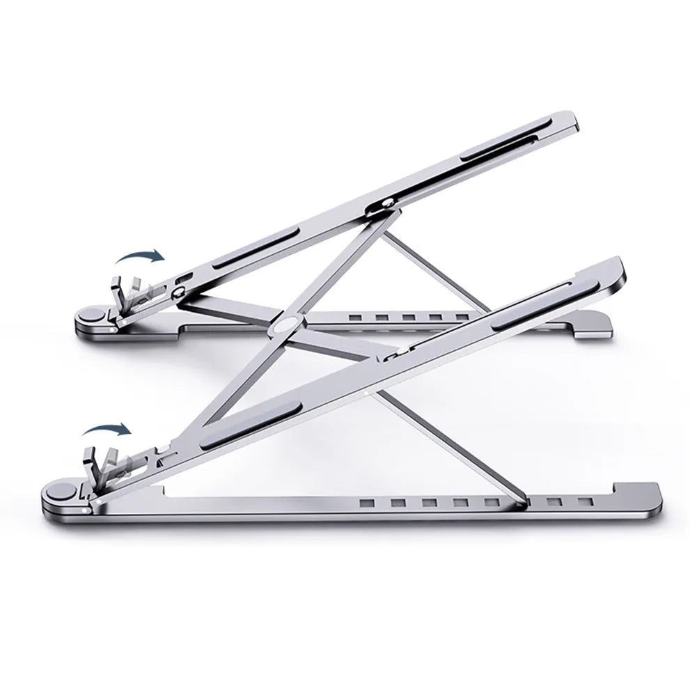 Aluminium foldable laptop stand in silver colour showing adjustable height and compact folded size.