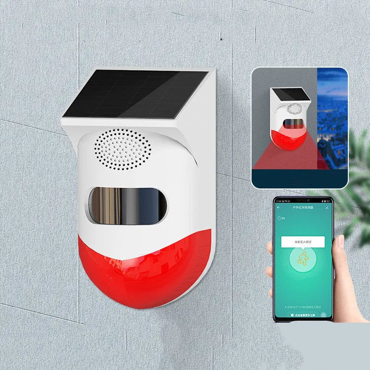 Solar infrared security alarm with remote control for outdoor property protection