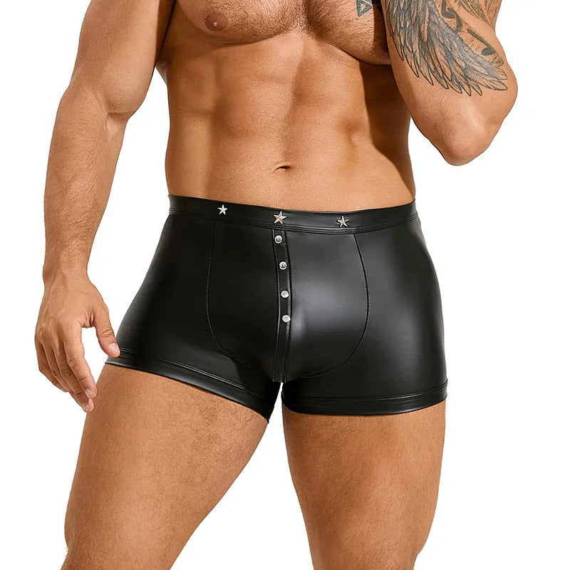 Black PU leather men's boxer shorts with U-pouch design showing front view