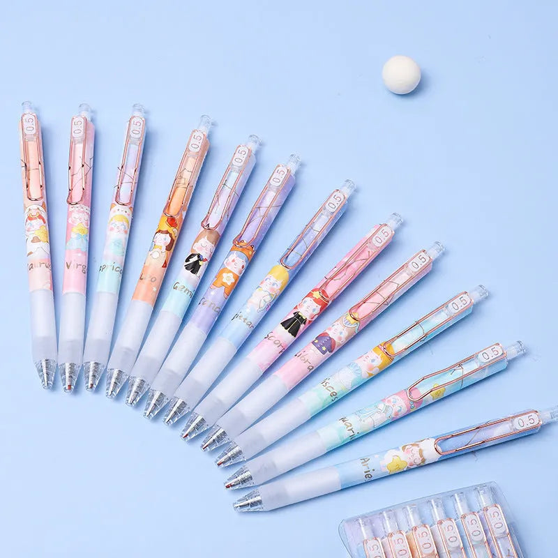Lisa's Secret Constellation press gel pen set showing zodiac designs with 0.5mm tip