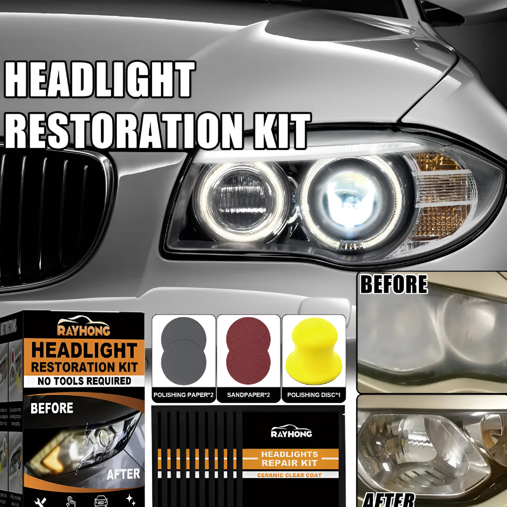 Car ceramic headlight repair kit with wet wipes, polishing paper, sandpaper, and polishing disc