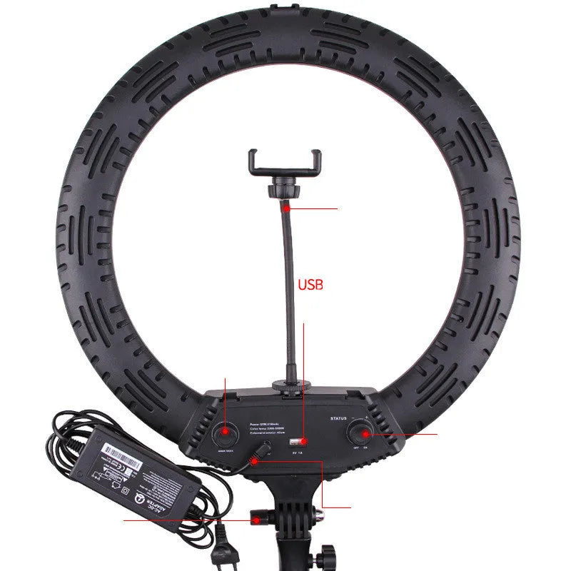 16-inch diameter professional ring light with LED beads on 210cm adjustable stand for multi-camera broadcasting