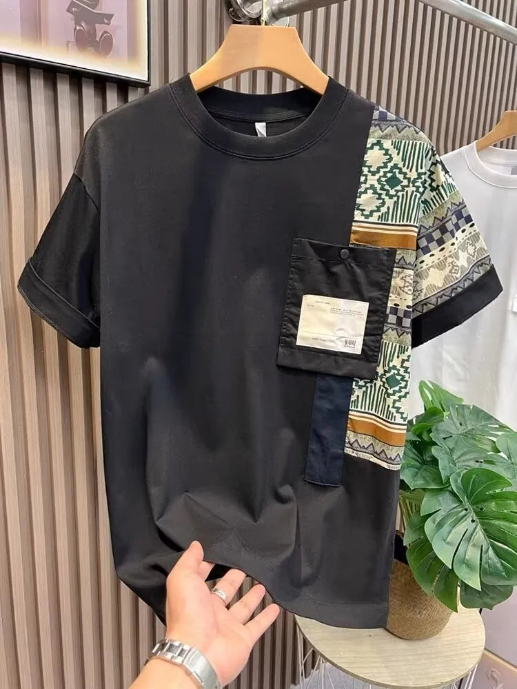 Men's camouflage slim-fit polyester t-shirt in black, front view for daily summer wear