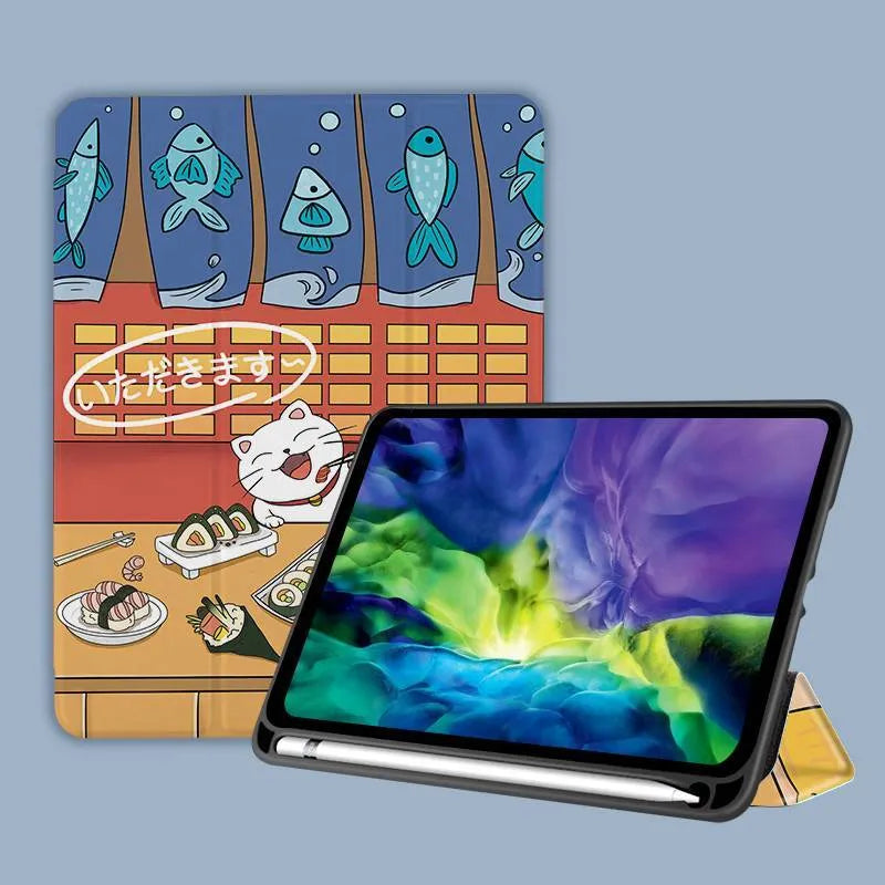 Cute cartoon three-fold silicone iPad case in imitation leather, shown in stand mode.