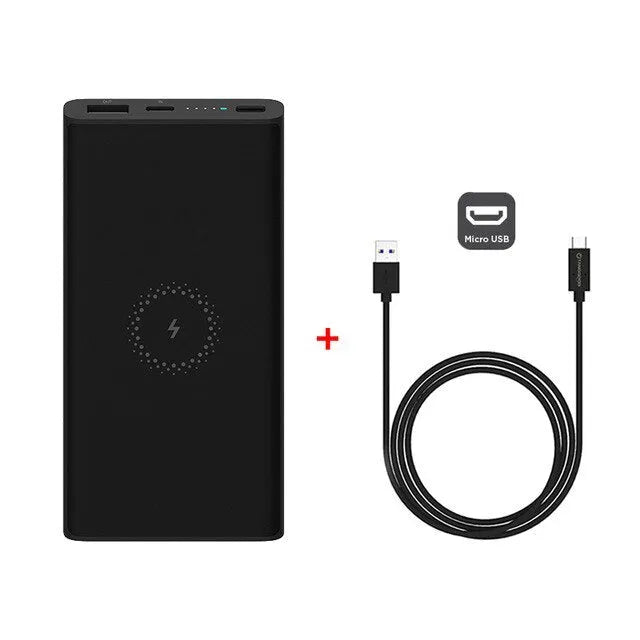 White 10000mAh power bank showing USB-C port and wireless charging symbol