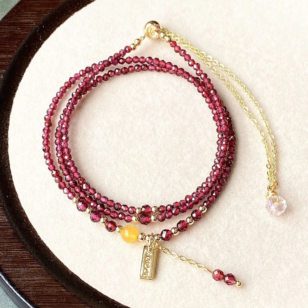 Wine red garnet three circle bracelet and necklace set with 2.5mm beads