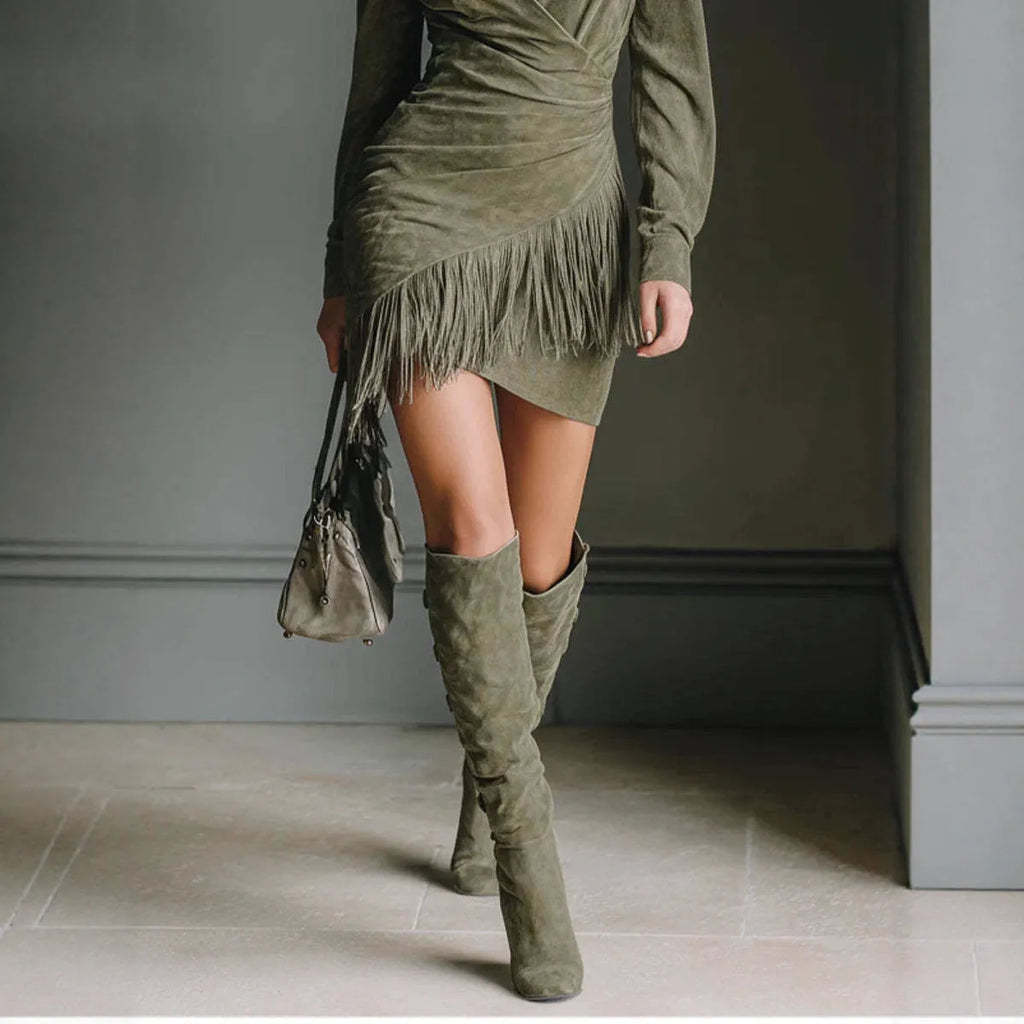 Western denim suede tassels slim-fit long sleeve dress in dark green with geometric pattern A-line skirt